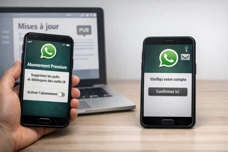 Deux smartphones illustrant un abonnement WhatsApp premium et un message suspect de vérification de compte.