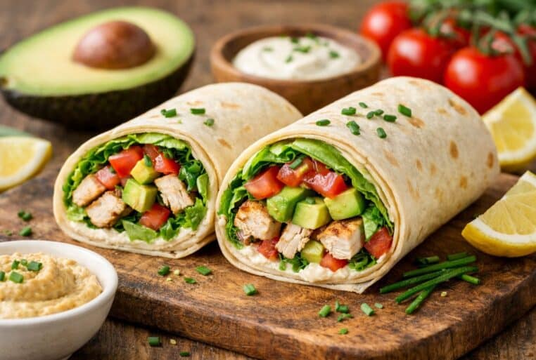 Wrap ultra-frais au poulet et à l’avocat, avec crudités croquantes, posé sur une planche en bois.