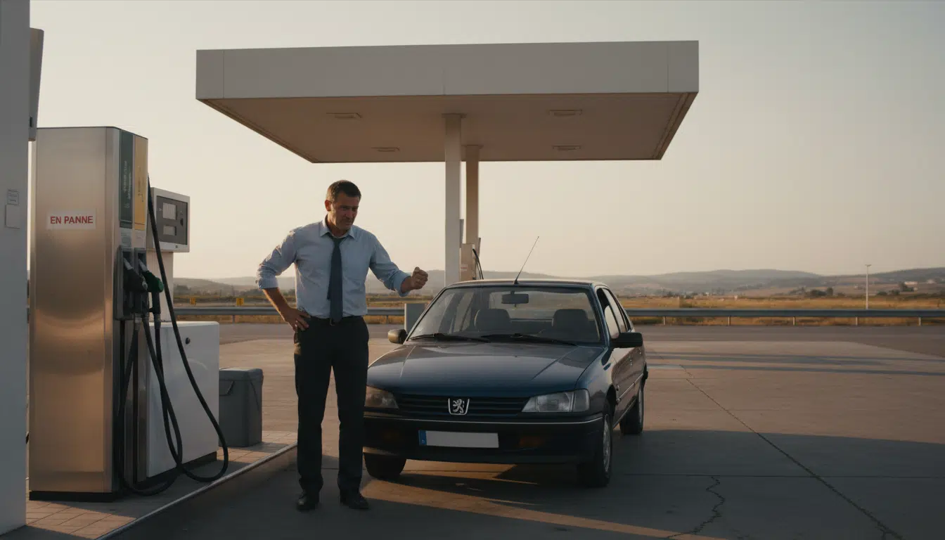 Automobiliste inquiet devant une pompe à essence vide