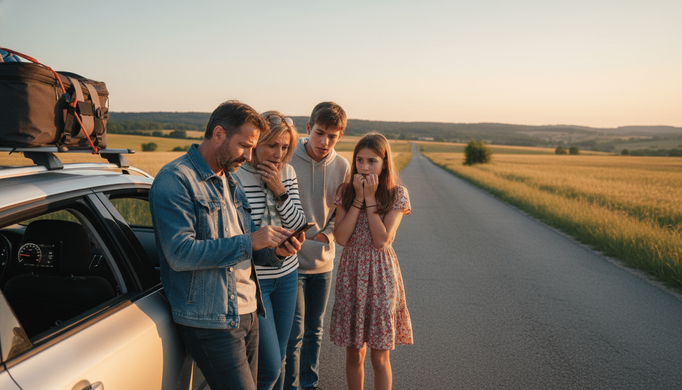 Famille en panne de carburant au bord de la route
