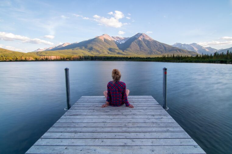 jetty, woman, sitting, relaxing, dock, lake, landscape, outdoors, person, scenery, serene, calm, tranquil, girl, blue landscape, blue relax, blue calm, nature, blue lake