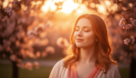 Femme souriante sous une lumière dorée printanière