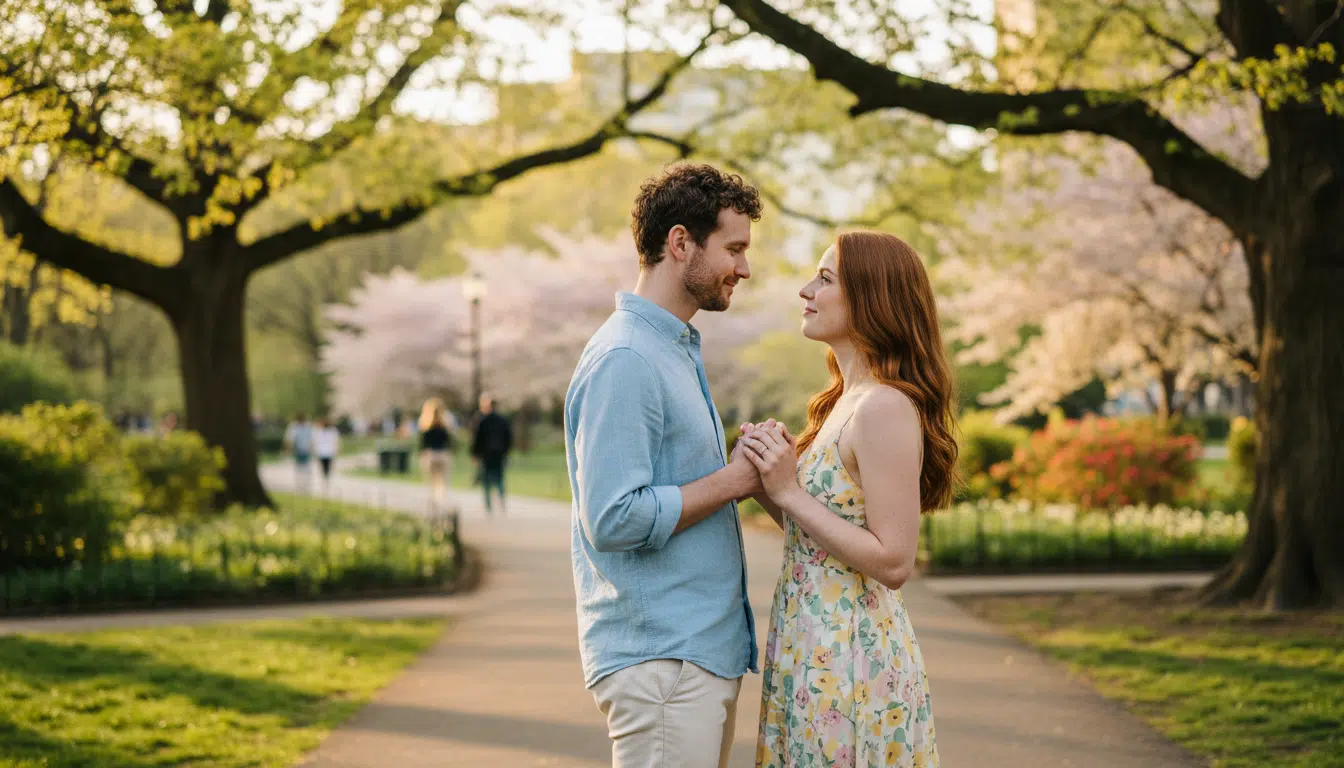 Couple sous la lumière du soleil dans un parc au printemps