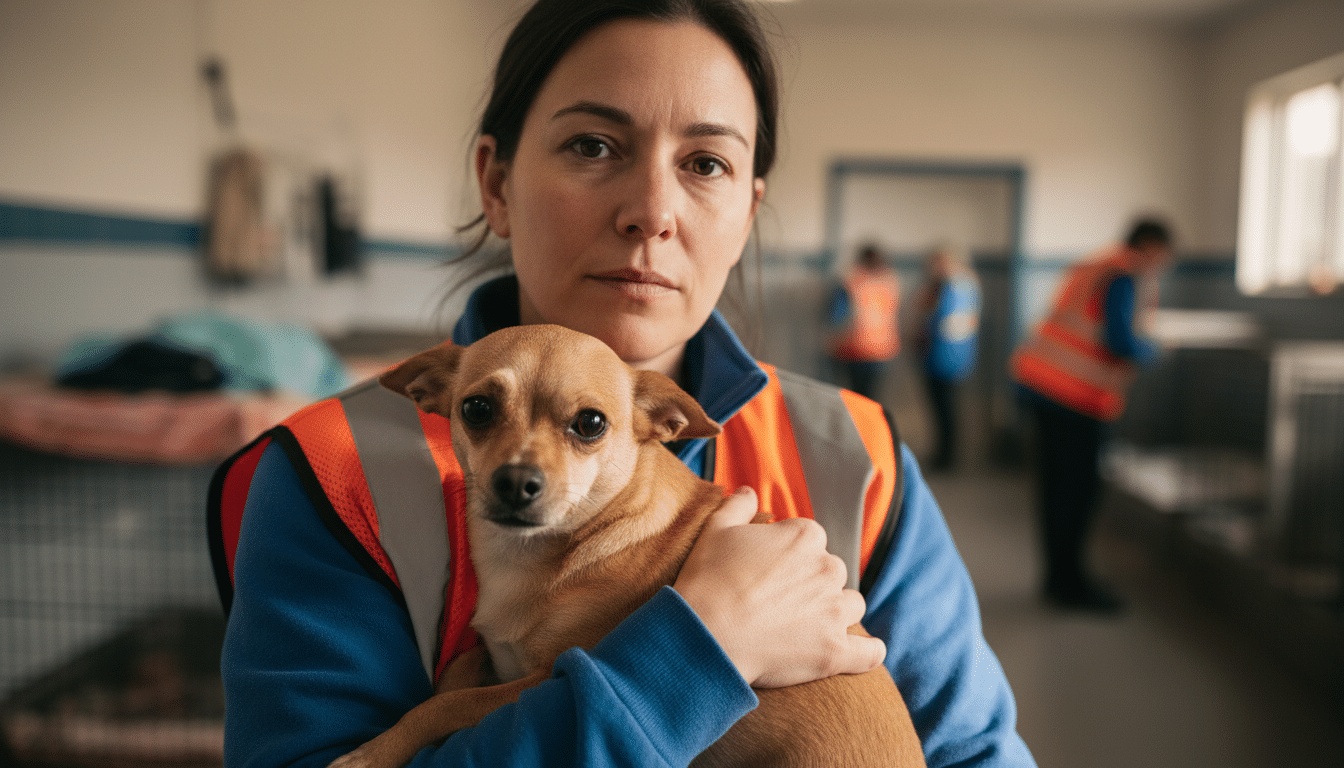 Sauveteur tenant un chien traumatisé dans ses bras