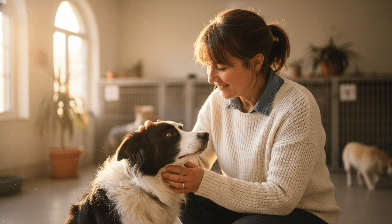 Bénévole réconfortant un Border Collie en refuge