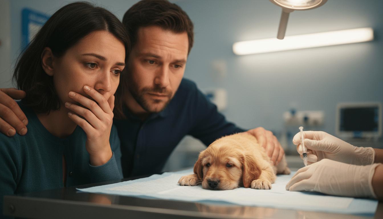 Couple inquiet avec un chiot chez le vétérinaire