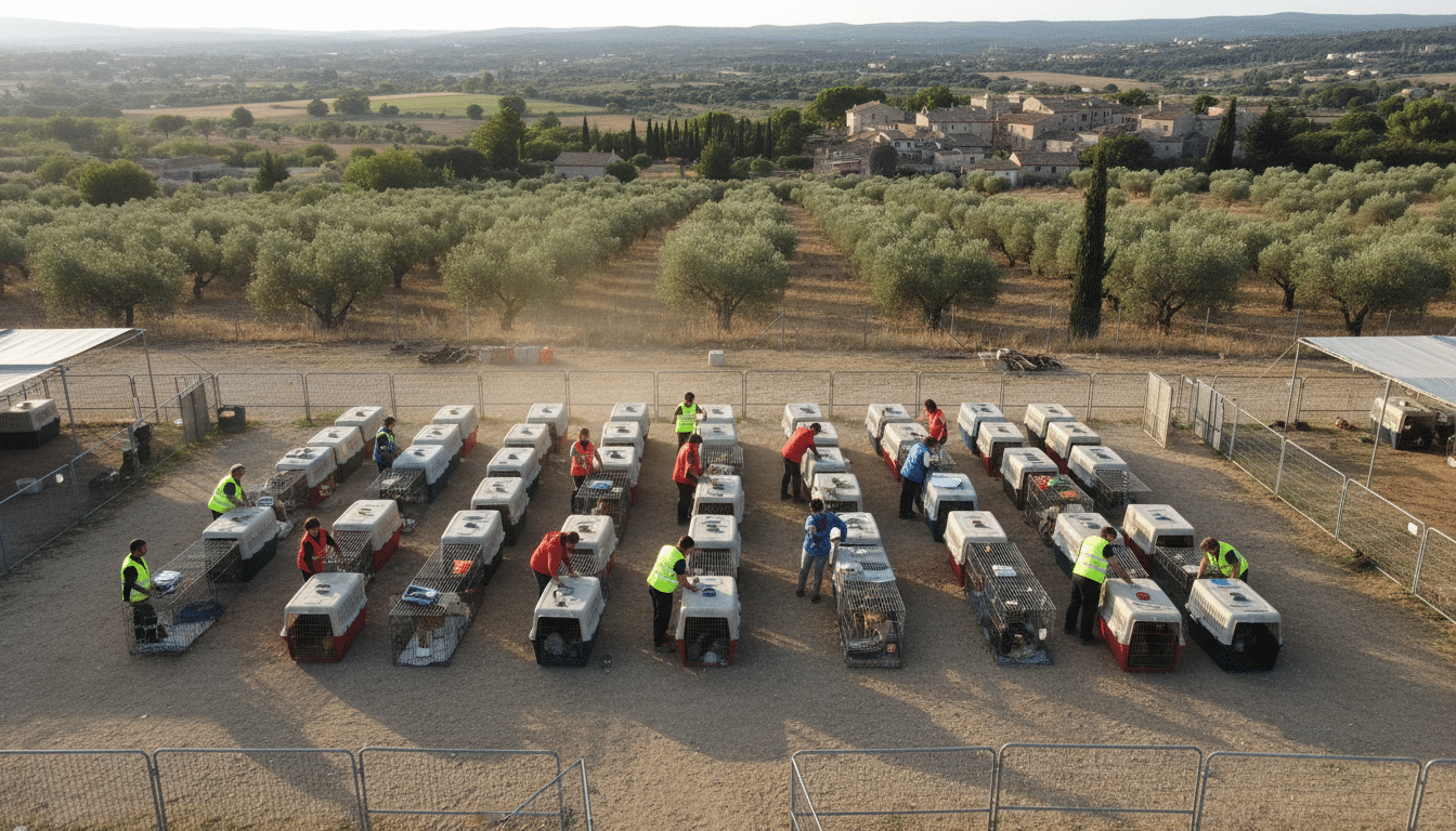 Équipes de sauvetage organisant le transfert d'animaux