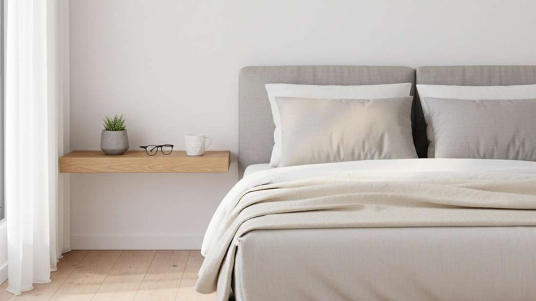 Une chambre minimaliste avec un lit gris et une étagère flottante simple.