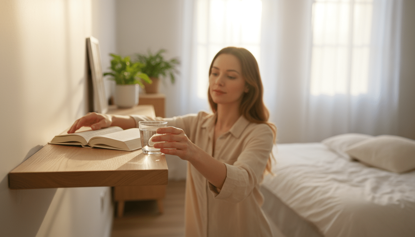 Mains posant un livre sur une étagère murale de chambre