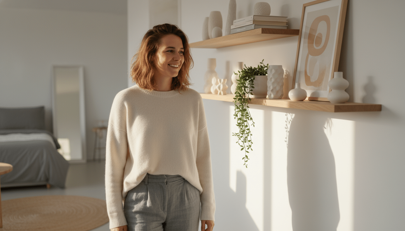 Femme souriante devant sa chambre rénovée minimaliste
