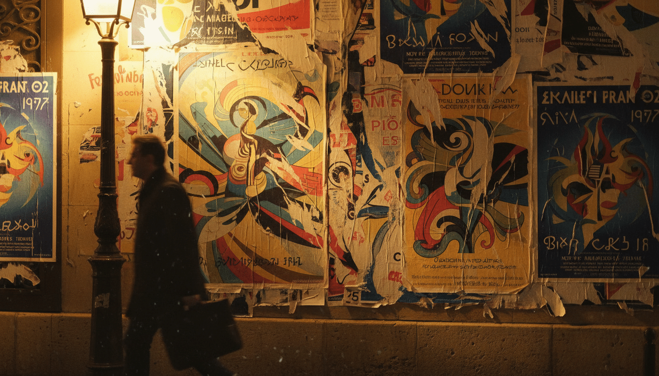 Affiches de concert sur un mur parisien au crépuscule