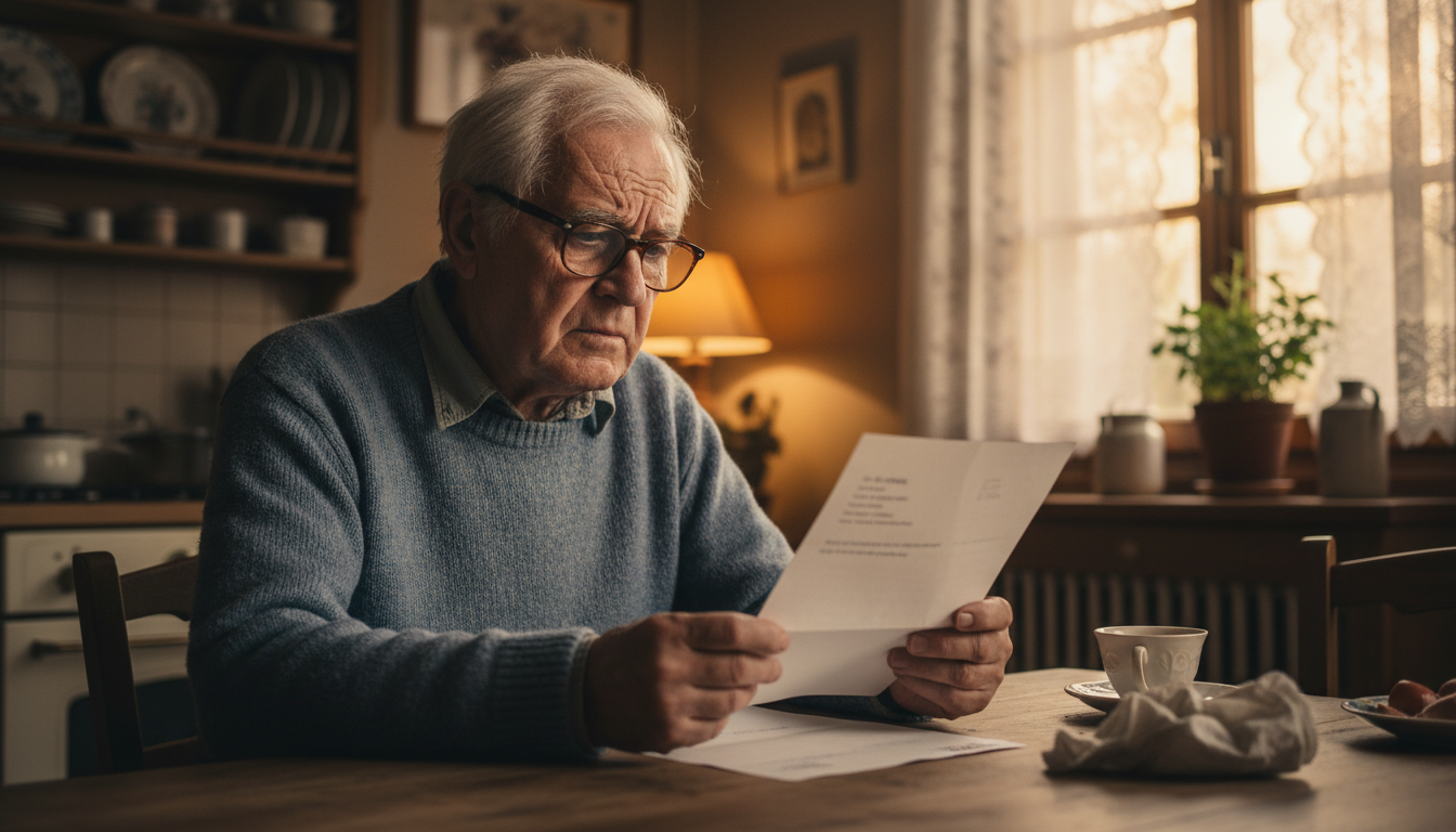 Retraité inquiet tenant un courrier de convocation bancaire