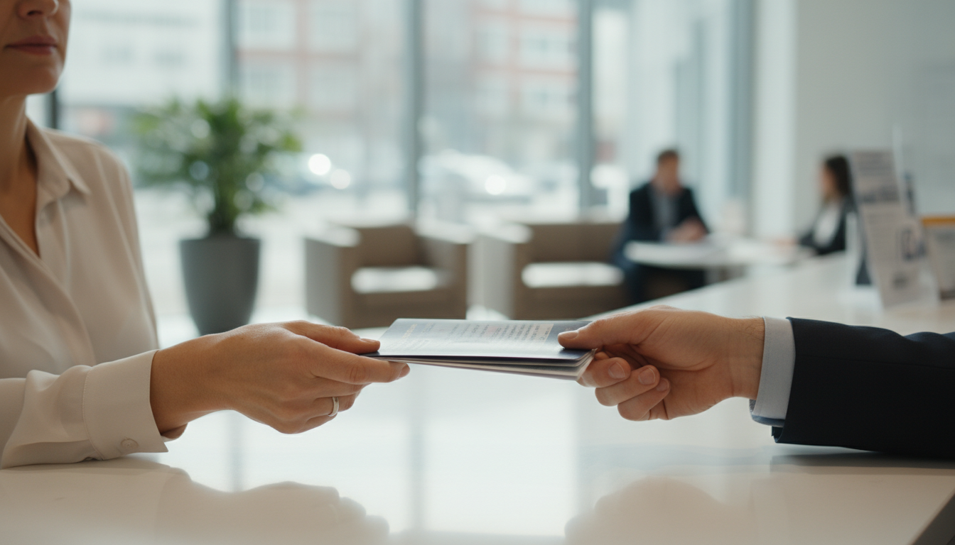 Retraité présentant ses documents à un guichet bancaire