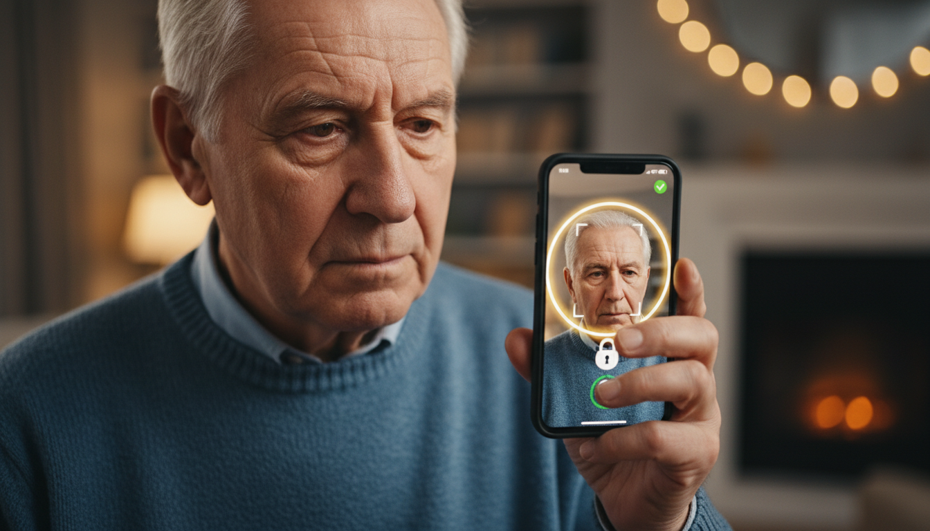 Senior utilisant l'application certificat de vie sur smartphone