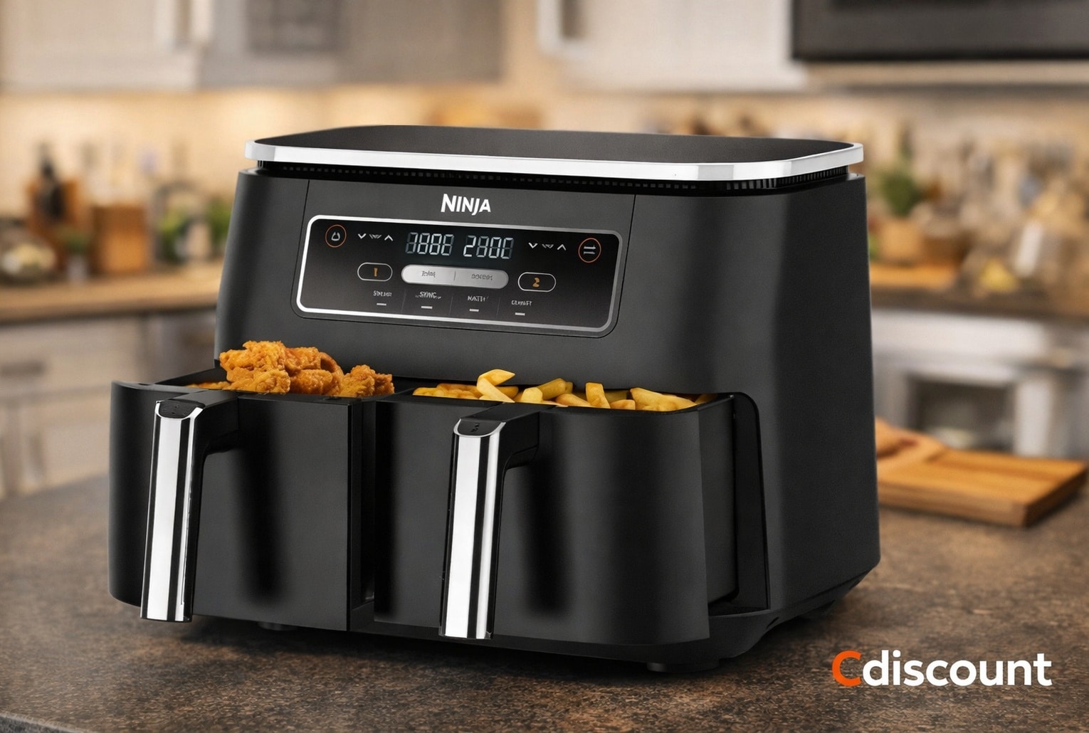 Airfryer Ninja en promotion chez Cdiscount, mis en scène dans une cuisine moderne