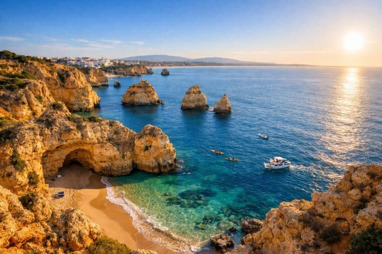 Côte de l’Algarve au coucher du soleil, avec falaises dorées, crique de sable et eau turquoise