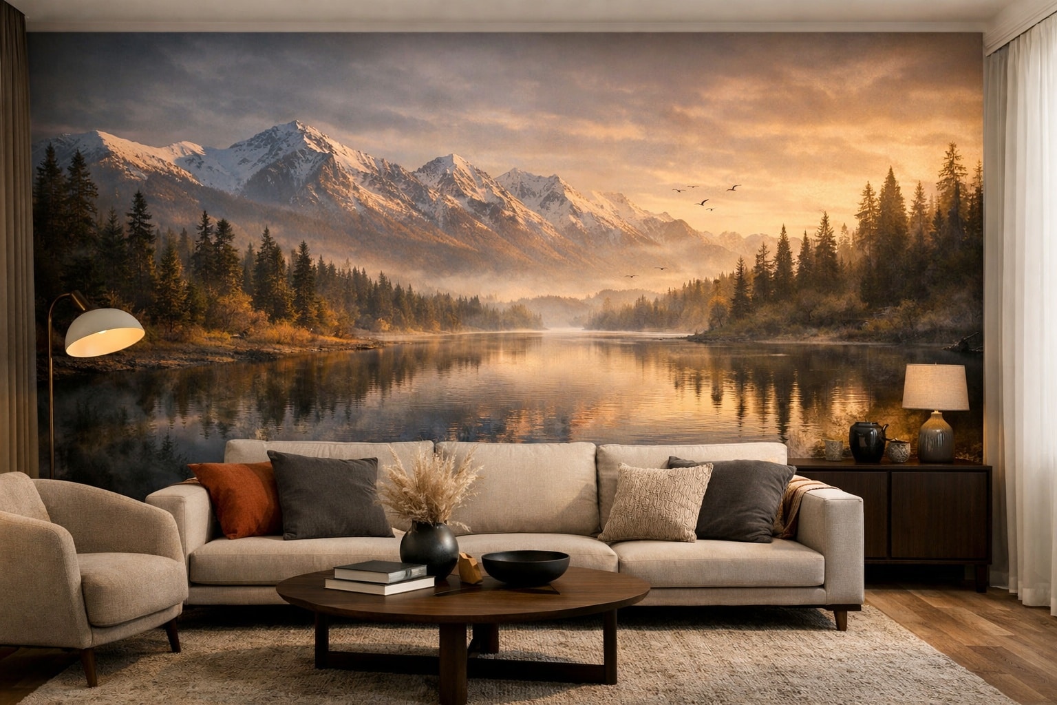 Alternative murale dans un salon contemporain avec fresque sur mesure imprimée numériquement