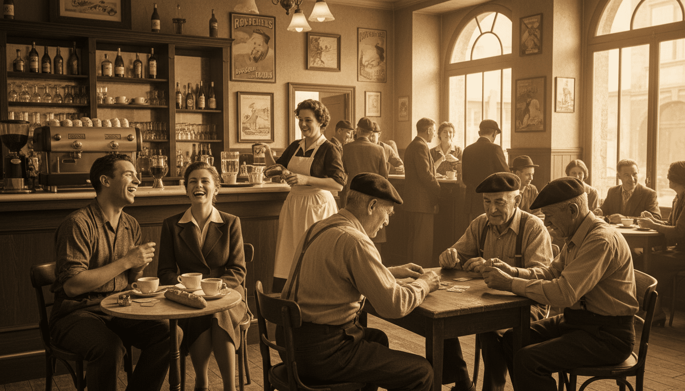 Ambiance animée d'un vieux bistrot de village français des années 50