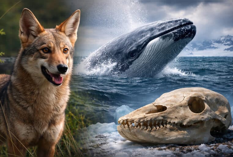Montage photoréaliste d’animaux hybrides rares : un canidé type dogxim, une grande baleine en surface et un crâne de narluga sur la glace arctique.