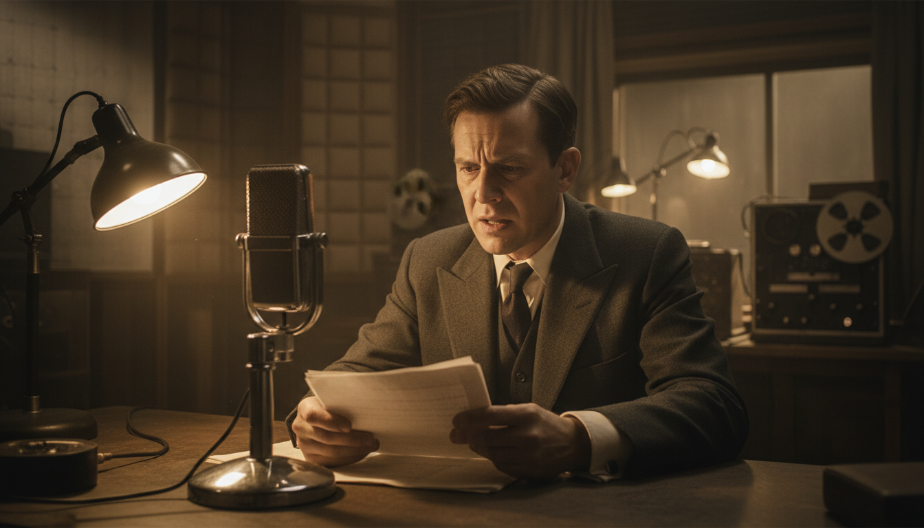 Annonceur radio britannique en 1940 diffusant une fausse alerte