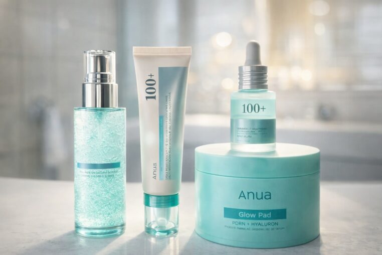 Produits Anua PDRN et Hyaluron posés dans une salle de bain floue, avec un sérum, un tube soin, un flacon compte-gouttes et un pot Glow Pad.