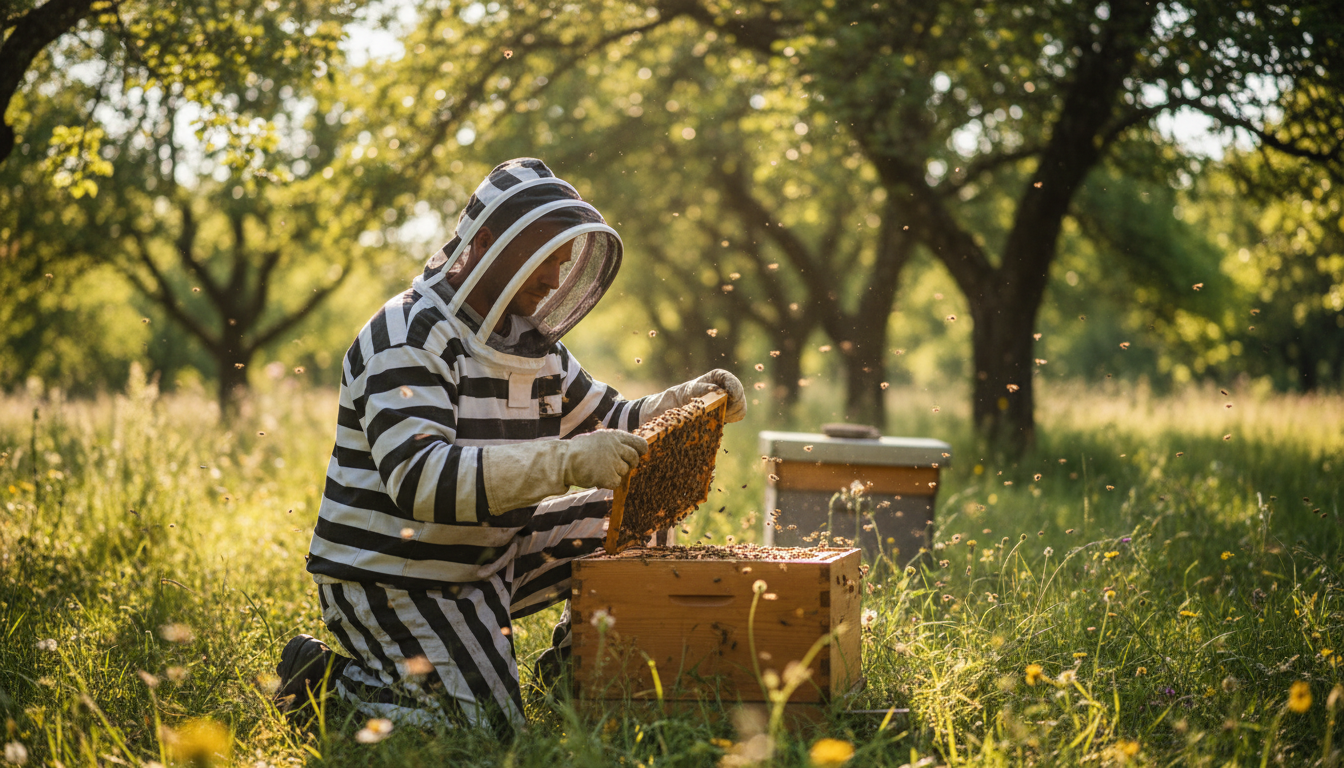 Apiculteur en combinaison rayée inspectant une ruche