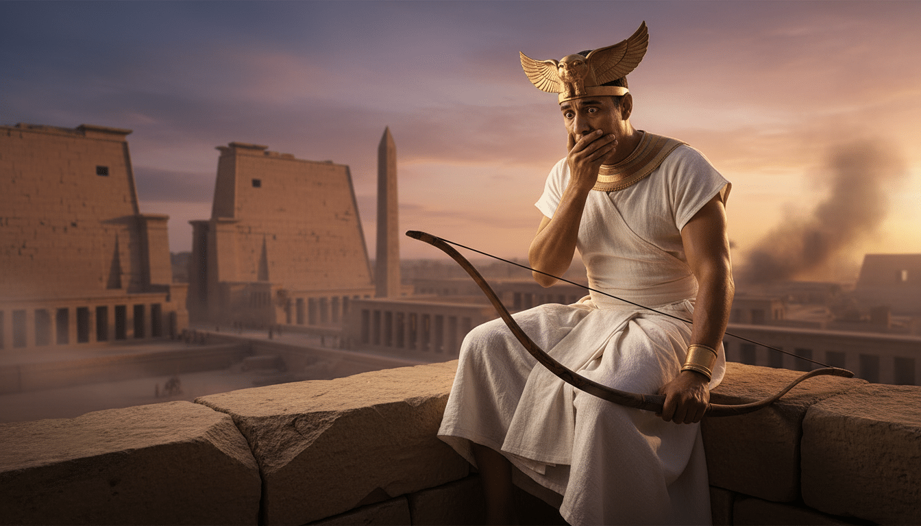 Archer égyptien hésitant sur un rempart antique