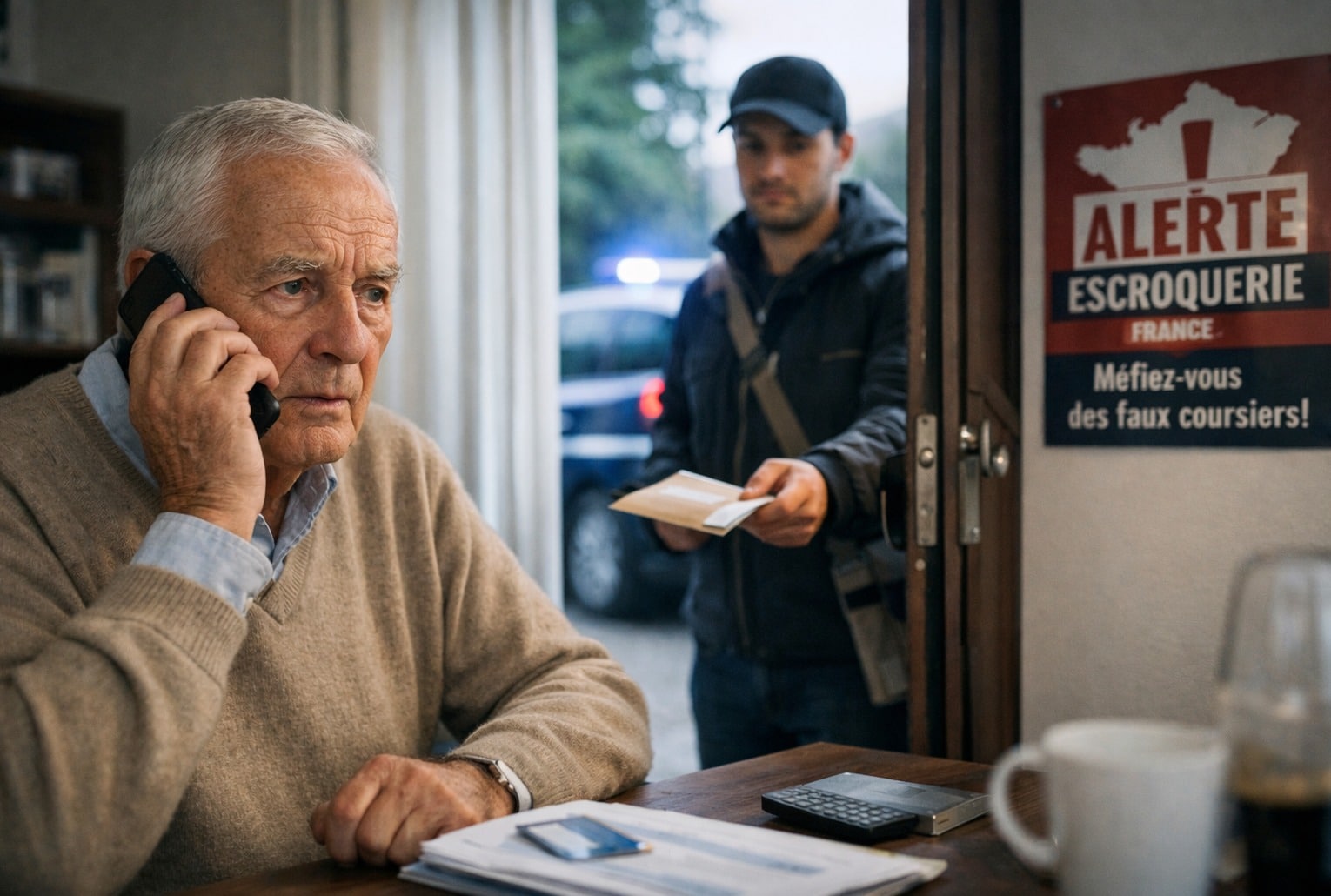 Arnaque au faux coursier : un faux coursier se présente au domicile pendant qu’un senior reçoit un appel frauduleux.