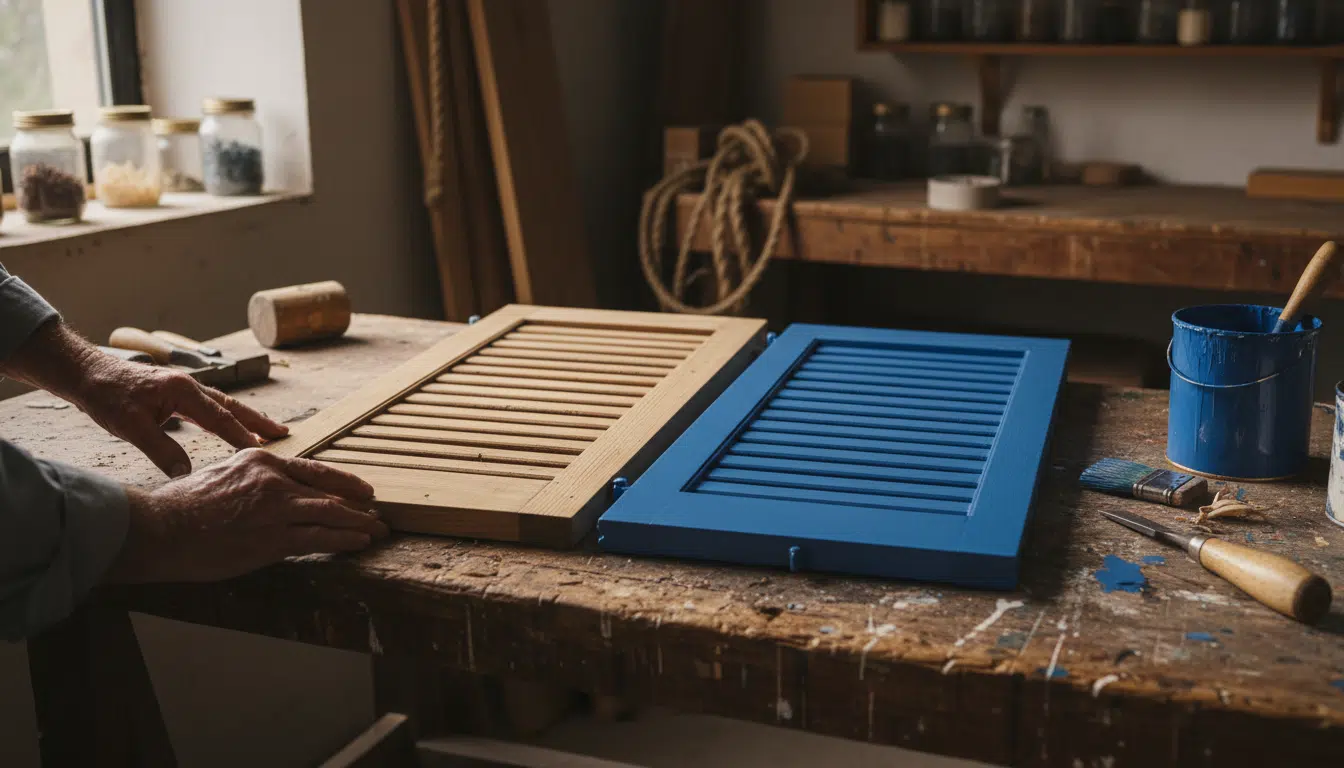 Artisan comparant un volet brut et un volet peint en bleu