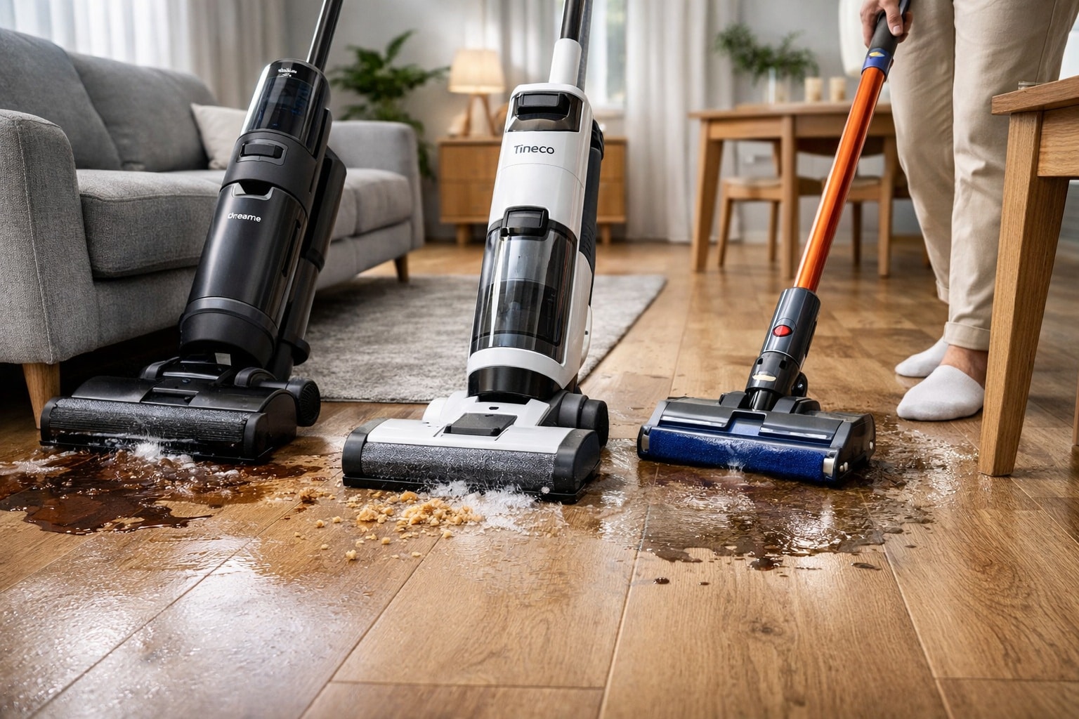 Les trois modèles d’aspirateur laveur haut de gamme — Dreame H14 Pro, Tineco iFLOOR 5 Breeze Complete et Dyson Cyclone V10 Submarine — nettoient en même temps une pièce de vie avec saletés sèches et liquides sur parquet.