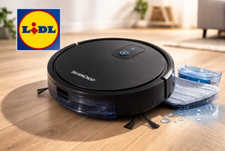 Aspirateur robot laveur Silvercrest avec logo Lidl, photo produit sobre sur sol clair.