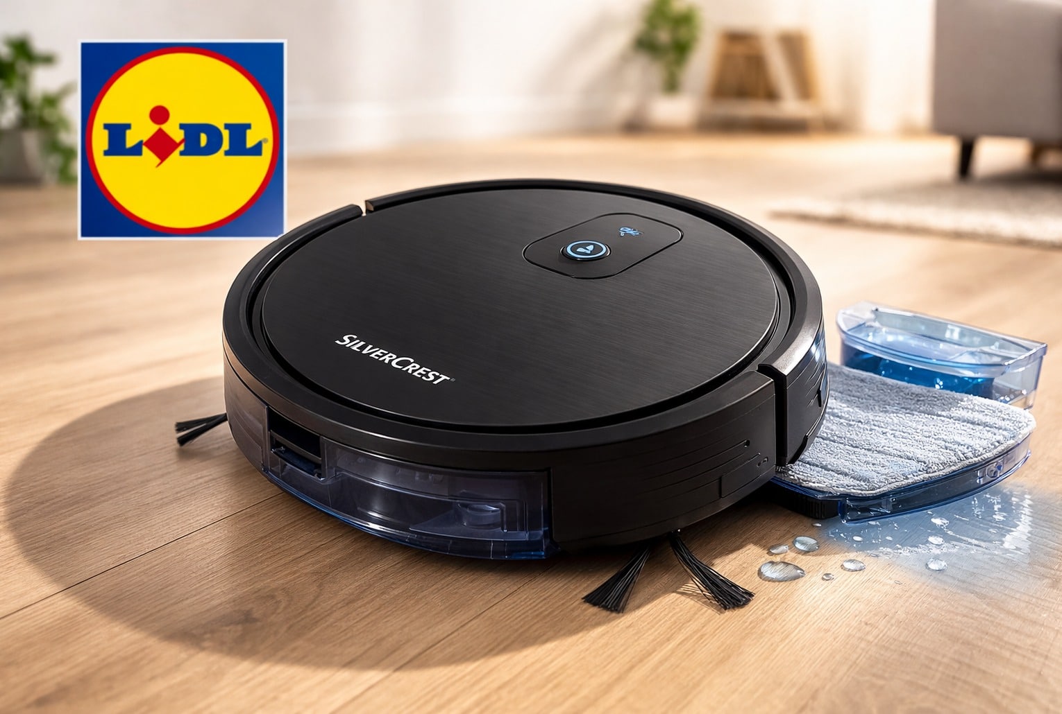 Aspirateur robot laveur Silvercrest avec logo Lidl, photo produit sobre sur sol clair.