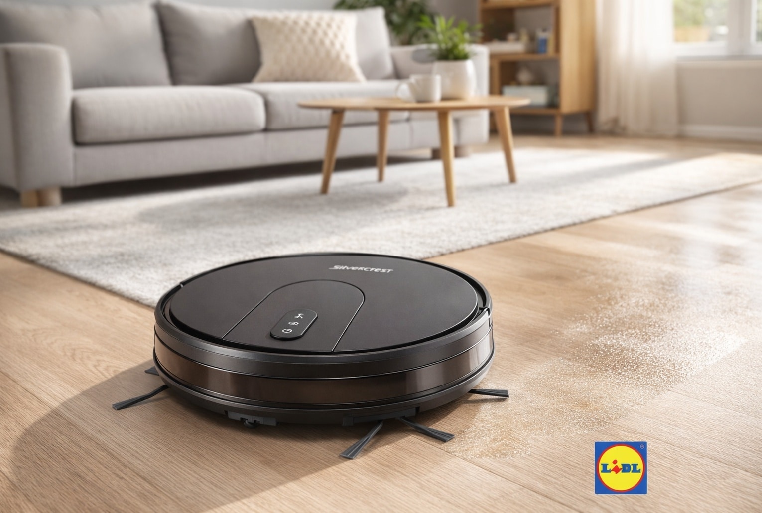 Aspirateur robot Silvercrest Lidl dans un salon moderne pendant le nettoyage