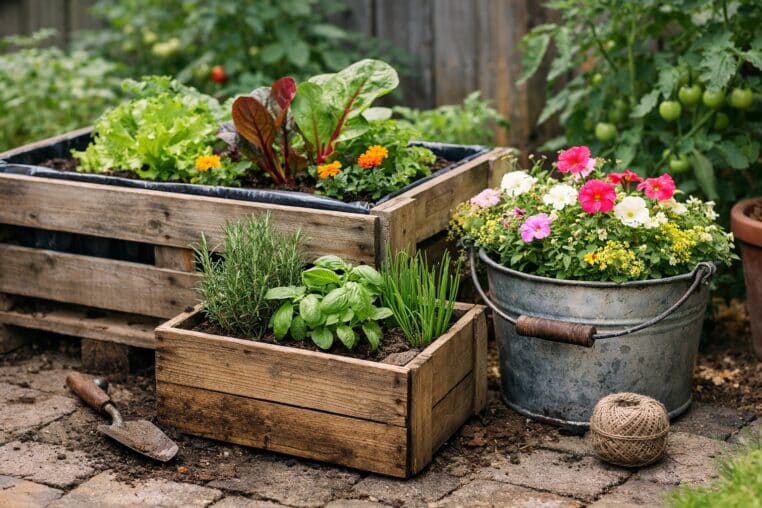 bacs de culture faits maison en matériaux de récupération sur une terrasse