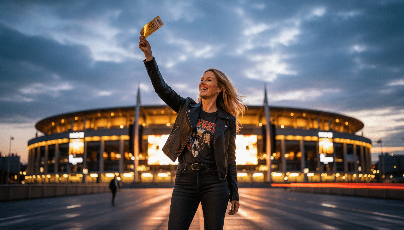 Femme souriante tenant un billet devant une arène de concert