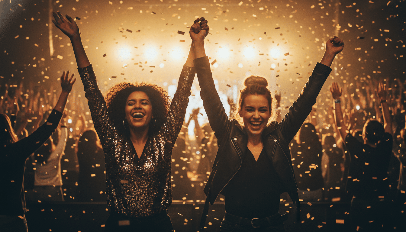 Deux amies célébrant l'obtention de places de concert