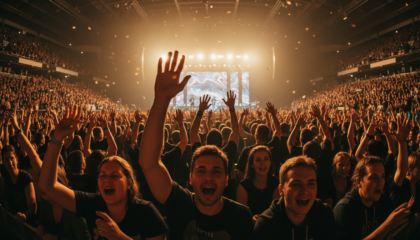 Foule en liesse dans une grande salle de concert