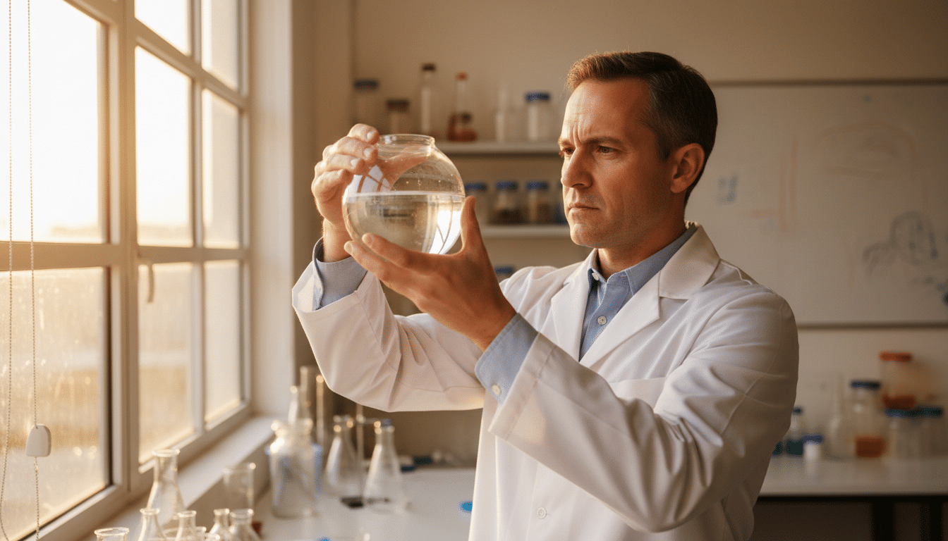 Biologiste marin examinant un récipient d'eau