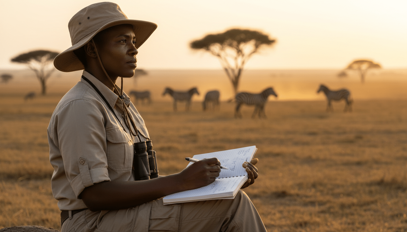 Biologiste observant des zèbres dans la savane africaine