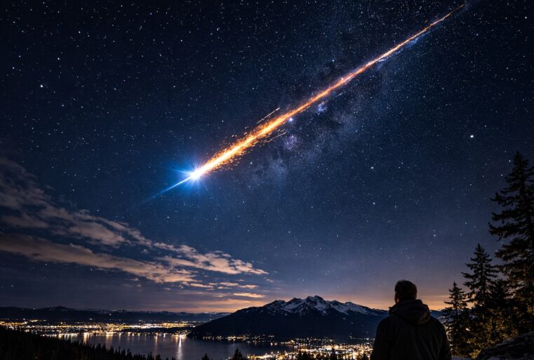 Un bolide lumineux traverse un ciel nocturne étoilé au-dessus d’un paysage sombre.