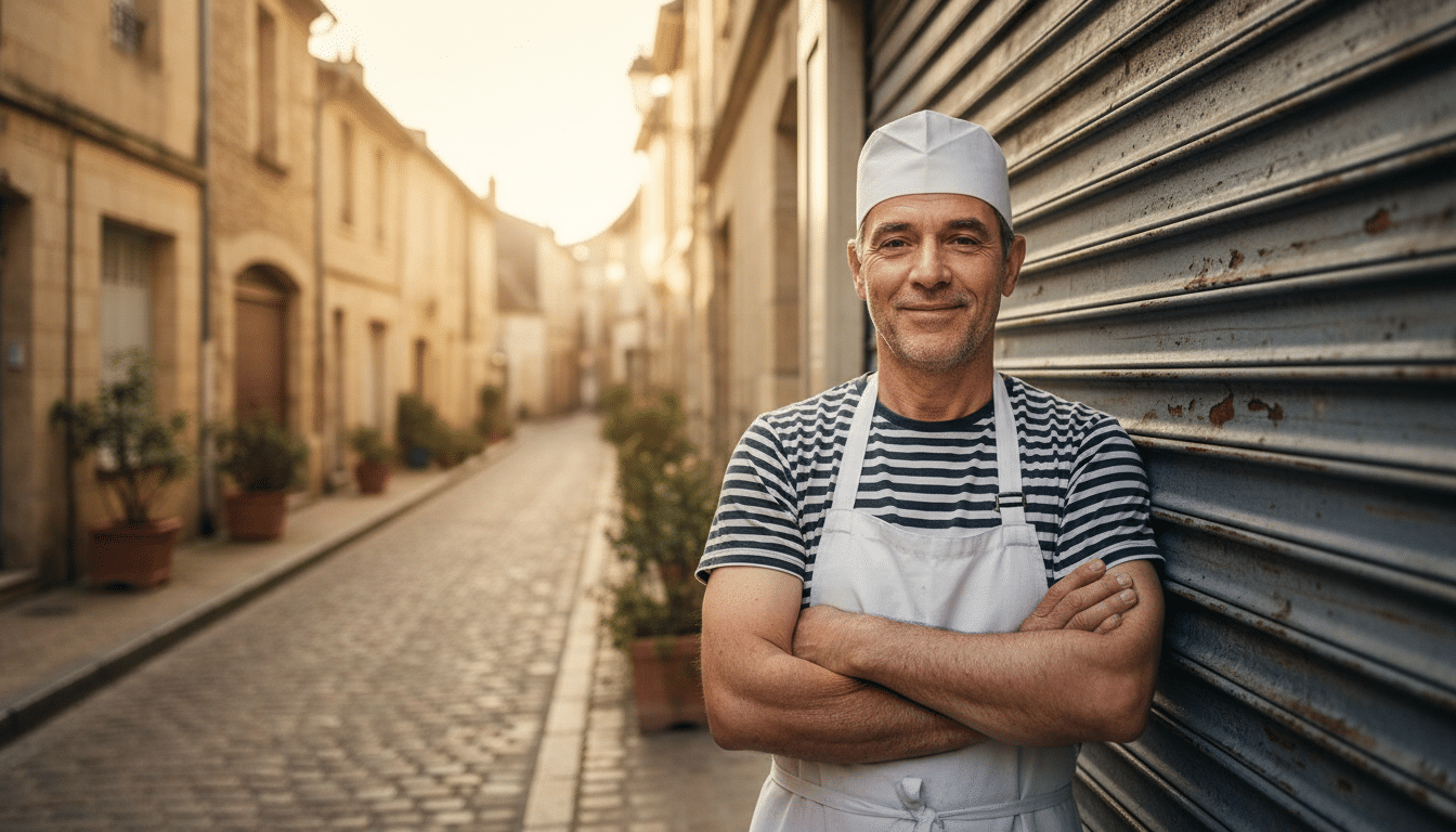 Boulanger devant sa boulangerie fermée un lundi matin