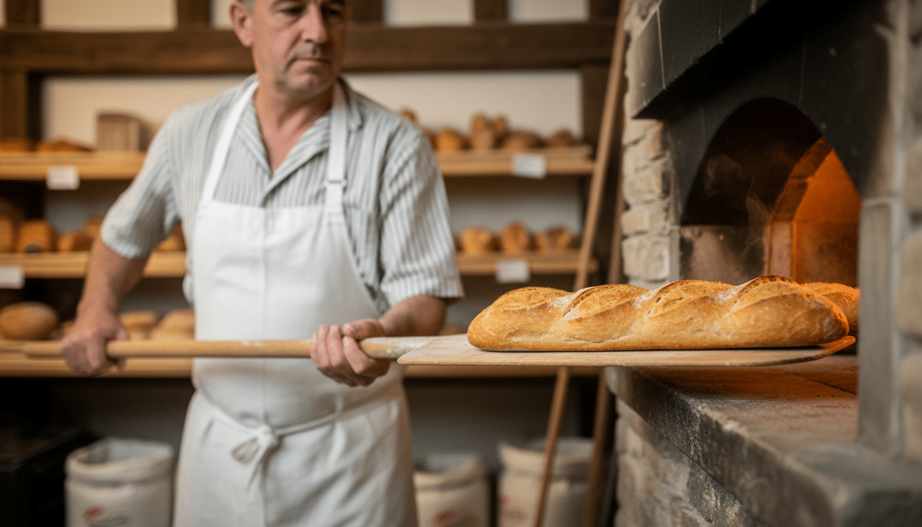 Boulanger sortant une baguette dorée du four traditionnel