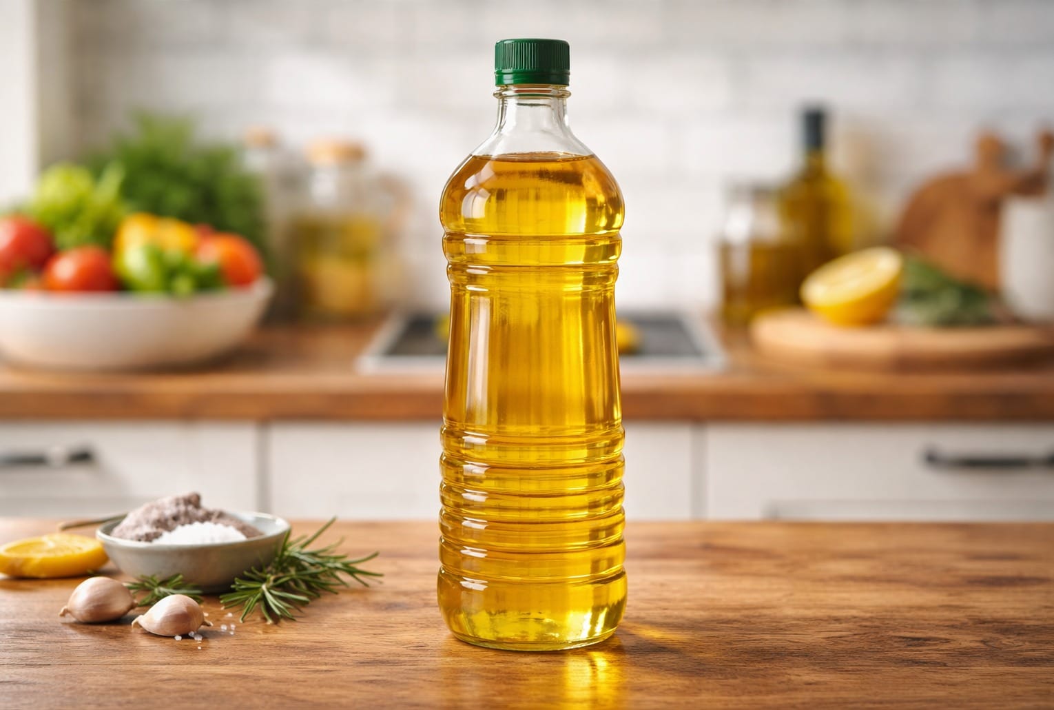 Bouteille d’huile de tournesol sur une table en bois, avec fond de cuisine flou.