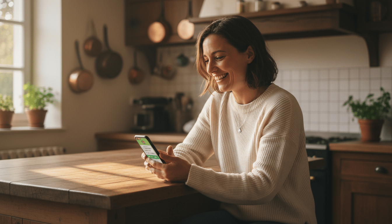 Femme souriante recevant un virement CAF sur son téléphone