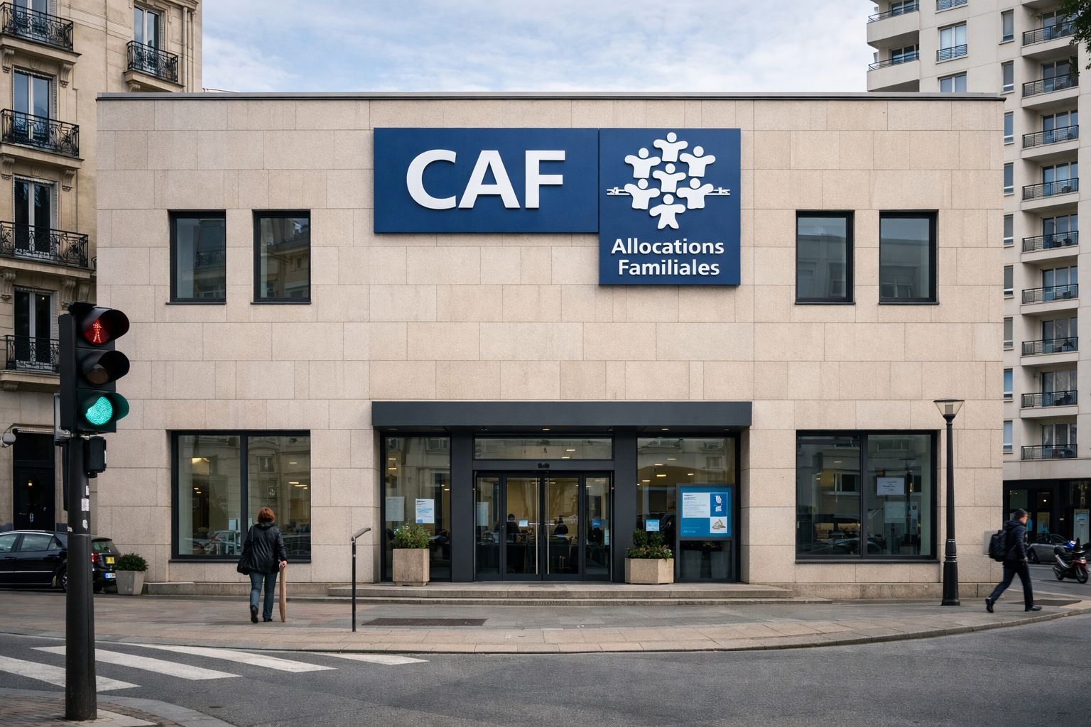 Bâtiment sobre de la CAF avec logo en façade