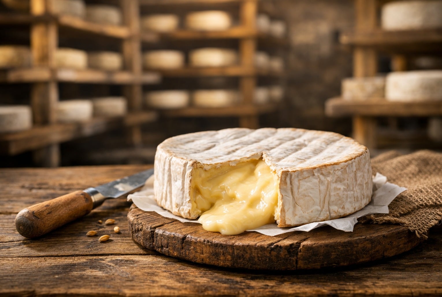 Camembert sur une table en bois, cave de fromagerie floue en arrière-plan