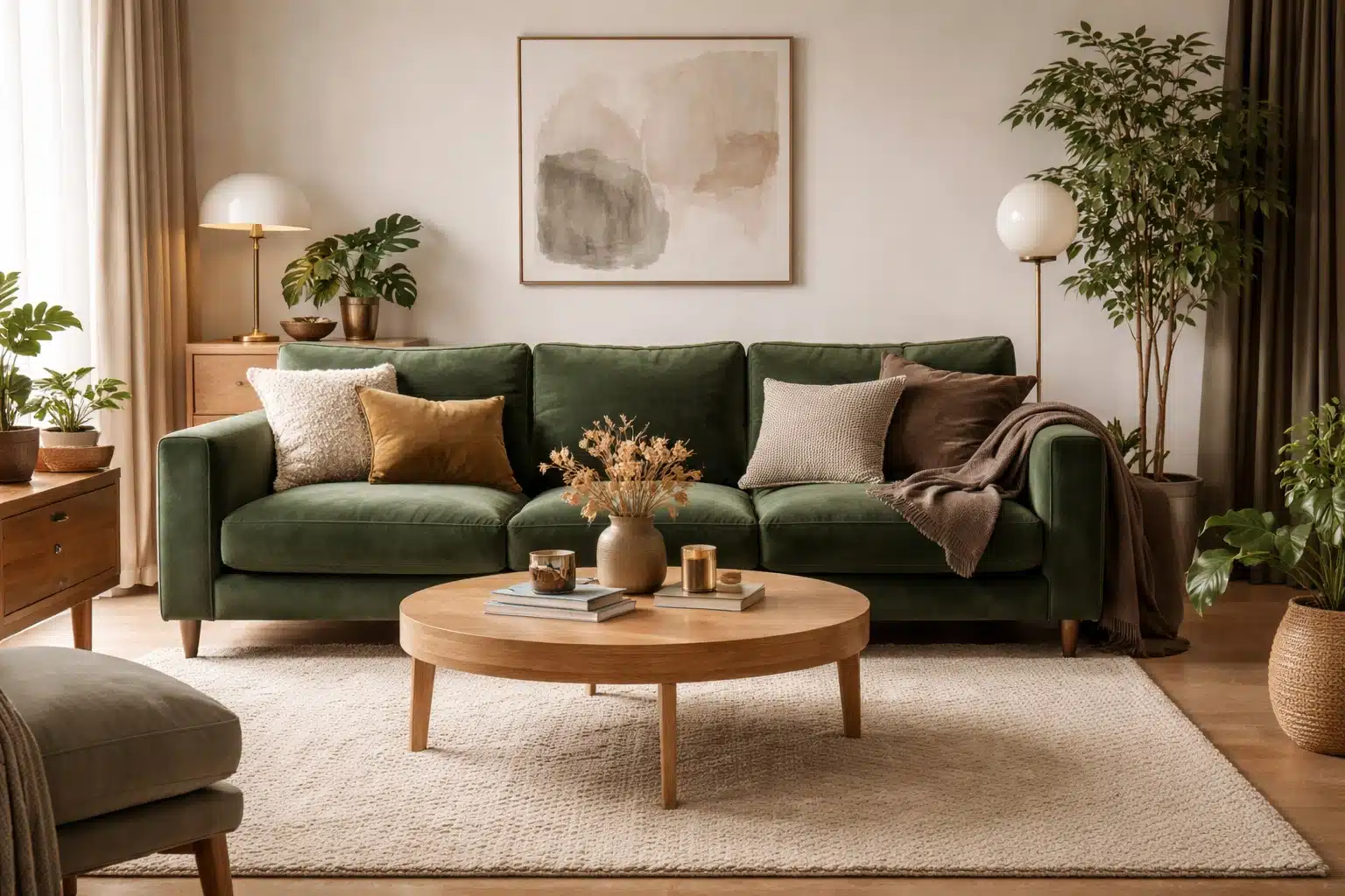 Le canapé vert dans un salon contemporain aux tons naturels.