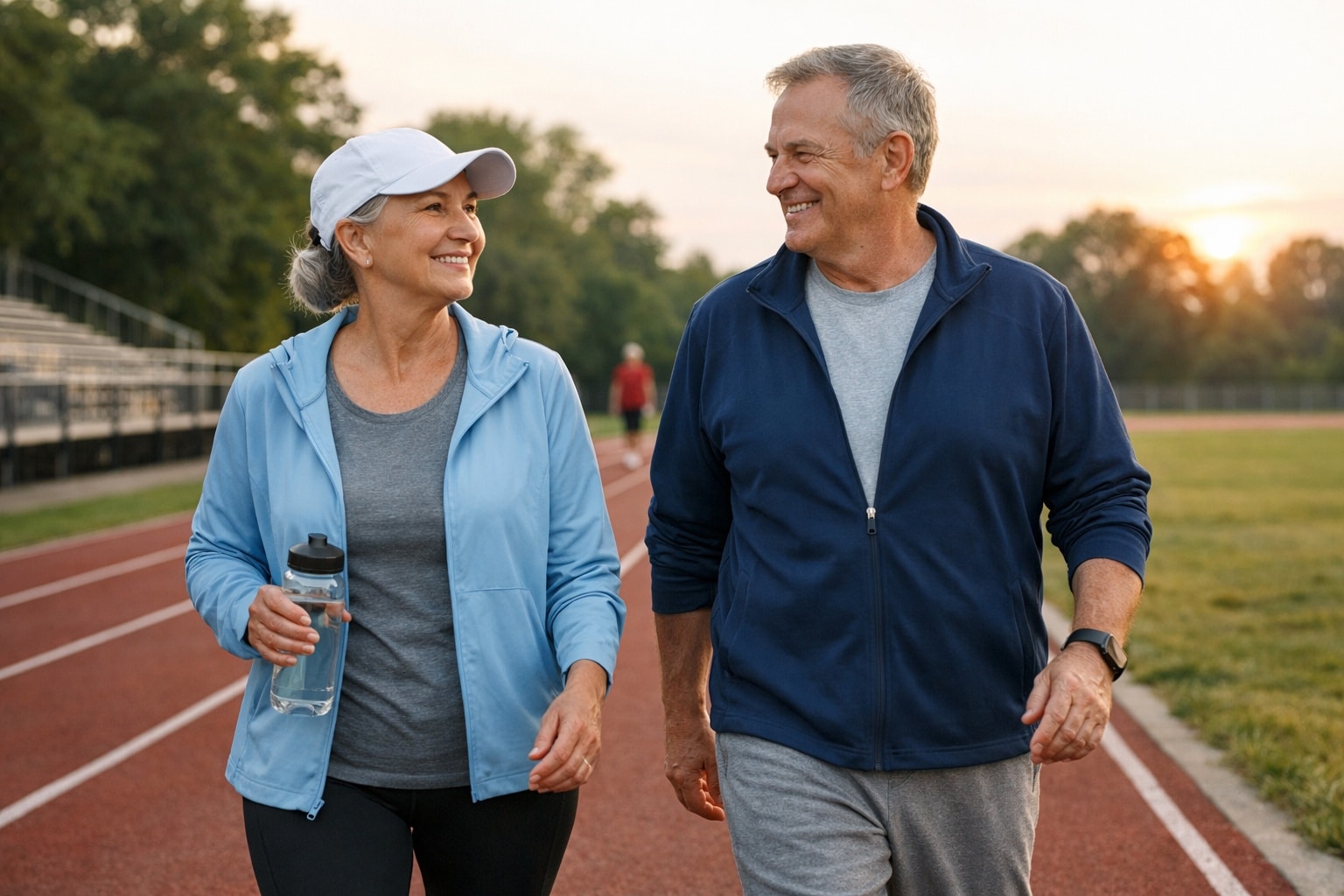 Survivants d’un cancer du côlon marchant sur une piste d’athlétisme dans le cadre d’une reprise d’activité physique encadrée