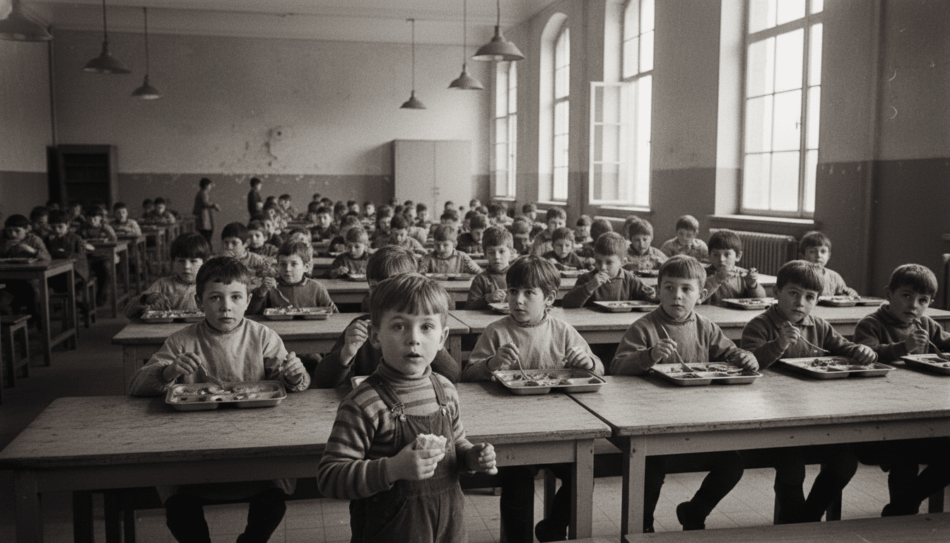 Cantine scolaire française des années 1970 avec enfants et plateaux en métal.