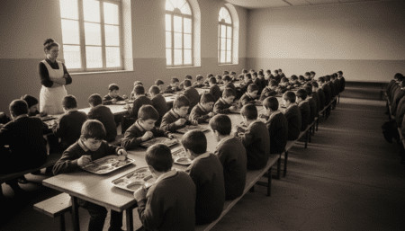 Cantine scolaire française des années 70, repas simple